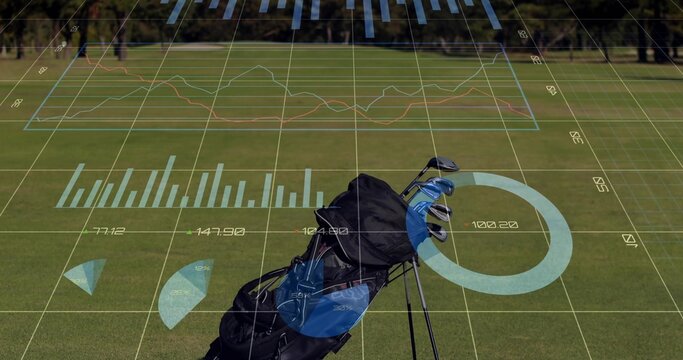 Showing golf bag with metal clubs standing on fairway grass, displaying digital overlay with charts
