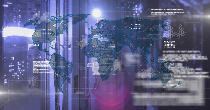 Displaying digital world map overlay showing activity at server room, with server racks code icons