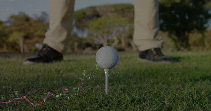 Perching white golf ball on tee at manicured fairway, with golfer's pants and finance graph overlay