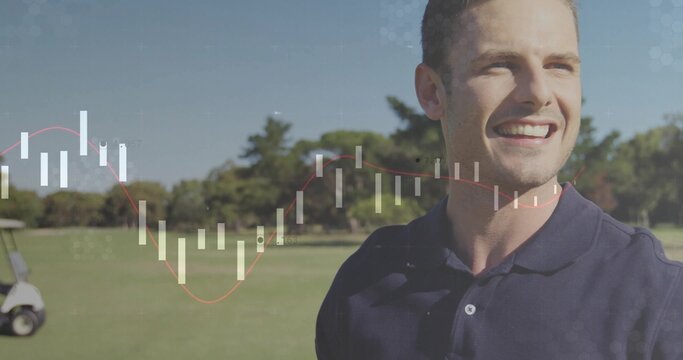 Smiling golfer wearing polo shirt on fairway, with cart and candlestick graphics, copy space