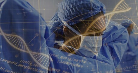 Surgical team in blue scrubs performing surgery in operating room, with tools and DNA helix overlay
