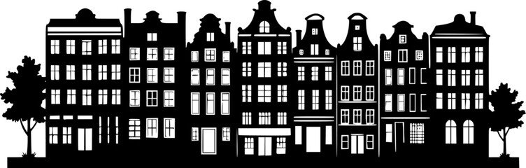 Naklejka premium Laser cutting Amsterdam style houses. Silhouette of a row of typical dutch canal view at Netherlands. Stylized facades of old buildings. Wood carving vector template. Background for banner, card.