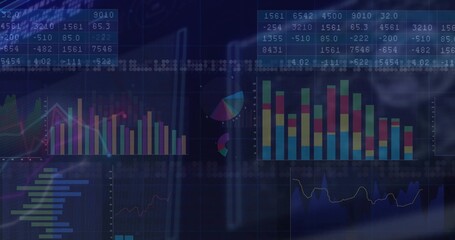 Displaying dark-themed dashboard in software interface, with data panels and bar and line charts