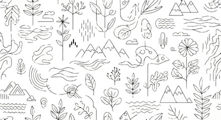 Hand drawn nature elements seamless pattern, vector illustration mountains, plants, clouds