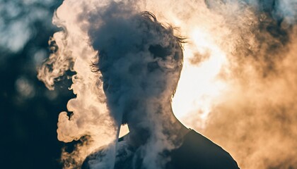 A person's face and shoulders are partially obscured by a large plume of vapor against an orange and yellow background