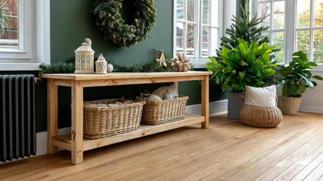 A beautifully arranged wooden table features plants and decorative accessories, creating a warm and inviting atmosphere indoors