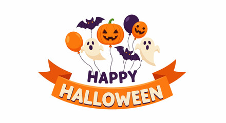 Fototapeta premium Happy Halloween banner featuring cartoon ghosts, bats, and pumpkins floating on balloons against a white background.