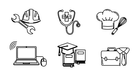 Illustration of various career icons, including construction, medicine, culinary arts, and education