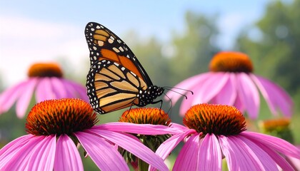 A monarch butterfly rests on a vibrant pink coneflower, showcasing the beauty of nature's colors and delicate details.
