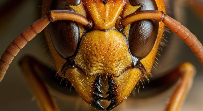 Extreme close up of a dangerous, stinging insect head and face