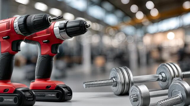 Highlighting power tools and dumbbells, this setting emphasizes fitness and construction. Perfect for enthusiasts of strength training
