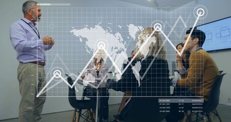 Team leader in purple shirt guiding discussion in conference room, with digital overlay