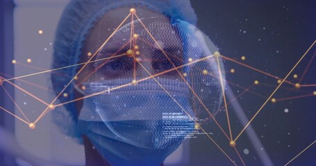 Analyzing female healthcare worker wearing bouffant cap and face mask in lab, with network overlay