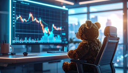 Close up articulated teddy bear, almost like a robotic mascot, sitting confidence on front computer