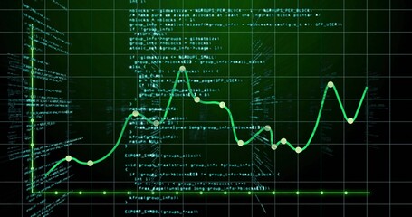 Displaying green line graph moving on dashboard, showing data points, grid lines and code overlay