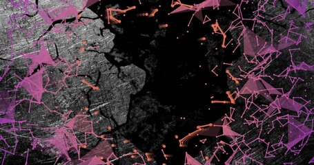 Framing central black void within textured grey background, with purple meshes and orange dot nodes