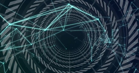 Spiraling tunnel in 3D network with illuminated nodes, neon cyan connecting lines, concentric rings