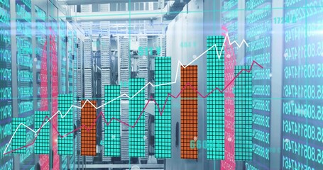 Displaying central server racks streaming metrics in data center corridor, with digital overlays