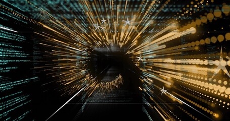 Golden streams and teal code converging toward dark portal in virtual data tunnel, with star icons