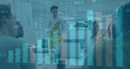 Collaborating project team of six analyzing holographic charts in modern office, with flipchart