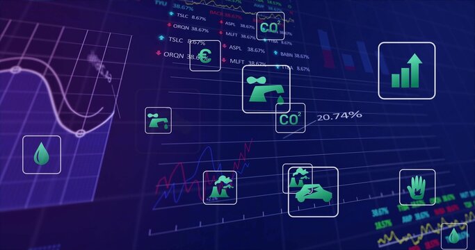 Dashboard displaying line and bar charts on screen with eco icons, percentages and stock tickers