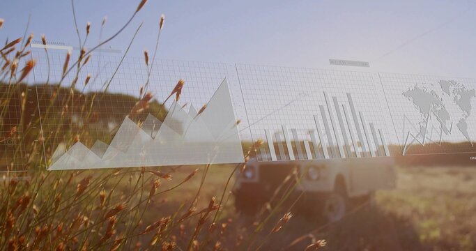 Highlighting tall grass stalks with seed heads in field, with off-road vehicle and data overlays - Powered by Adobe