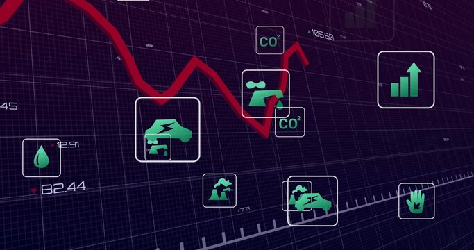 Displaying jagged red trend line spanning dashboard, with environmental icons and numeric readouts