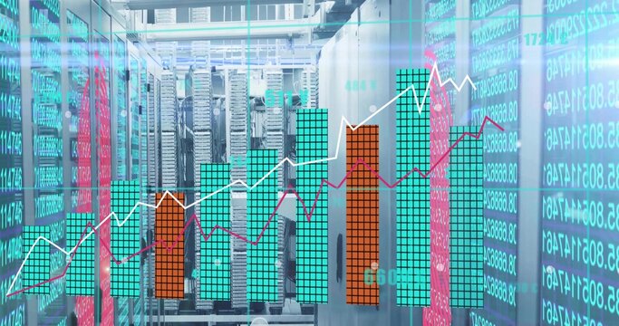 Displaying central server racks streaming metrics in data center corridor, with digital overlays - Powered by Adobe