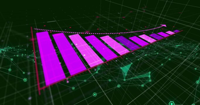 Showing 3D magenta-purple bars ascending above green grid, with pink trend arrow and teal network - Powered by Adobe