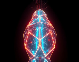 An abstract art illustration of a glowing blue light bulb with a fiery, electric wave of energy and shining lines in a black space backdrop