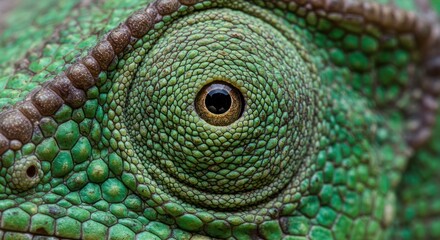 Obraz premium Close-up on a green chameleon eye and skin texture details
