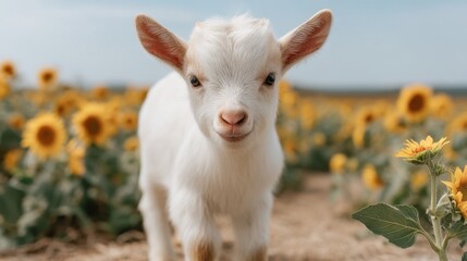 Obraz premium Adorable young goat surrounded by vibrant sunflowers in a bright field, showcasing nature's beauty and innocence in a sunny rural landscape