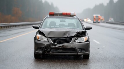 Front view of damaged car on rainy highway with emergency lights illuminated, illustrating auto accident scene and vehicle collision aftermath