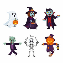 Spooky Halloween cartoon characters�a ghost, witch brewing, vampire, zombie, skeleton, and scarecrow�celebrate the eerie holiday.