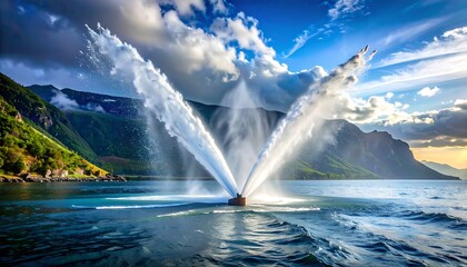 Water fountain erupts on lake