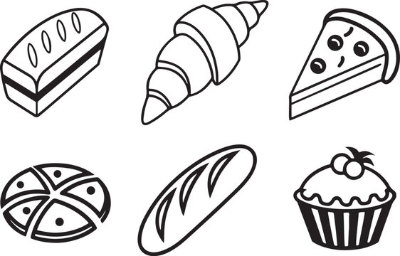 Bakery items cupcake, pizza, Braad hot dog vector illustration icons set. Food Life icon in flat outline and editable stroke line art