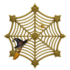 金色の蜘蛛の巣と魔女の帽子・ほうきを組み合わせたハロウィン装飾素材