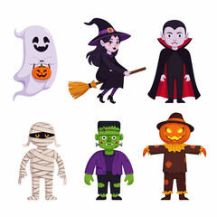 Six playful Halloween characters�a ghost, witch, vampire, mummy, Frankenstein, and scarecrow�pose against a white background, creating a whimsical and festive scene.