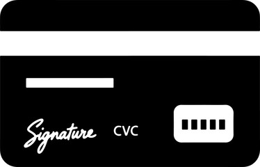 This is a black and white glyph icon of the back of a credit card. The design features a white horizontal magnetic stripe at the top, a signature panel with the word "Signature," and a rectangular .