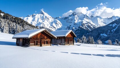 Two rustic wooden cabins nestled in a snowy valley, against a backdrop of majestic snow-capped mountains under a brilliant blue sky.