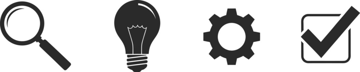 Modern user interface icons for web and app design including search settings and checkmark silhouette