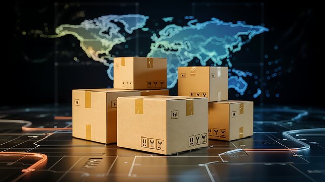 Global logistics and shipping network visualized with stacked cardboard boxes and a glowing world map background - Powered by Adobe