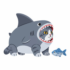 Obraz premium A playful grey cat, wearing a shark costume, eyes a small blue fish against a white background, conveying a humorous and whimsical mood.