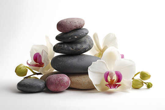 Tranquil spa stones and delicate orchids creating a serene zen-like composition, perfect for wellness branding and peaceful lifestyle imagery, calm and balanced, harmony in nature
