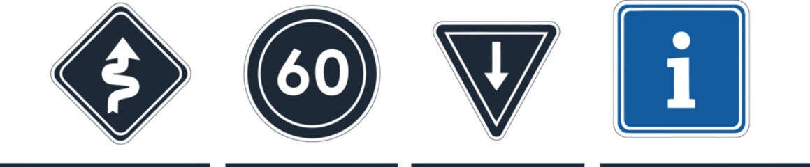 Set of four distinct road signs displayed in a horizontal row silhouette