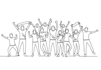 Group Of Cheering Silhouetted People With Raised Arms in Celebration