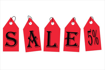Red Sale Tags with 5% Discount – Promotional Price Label Set for Retail Marketing. Red Sale Tags Hanging, Price Discount, and Special Offer Graphics. Resize and editable, EPS 10.