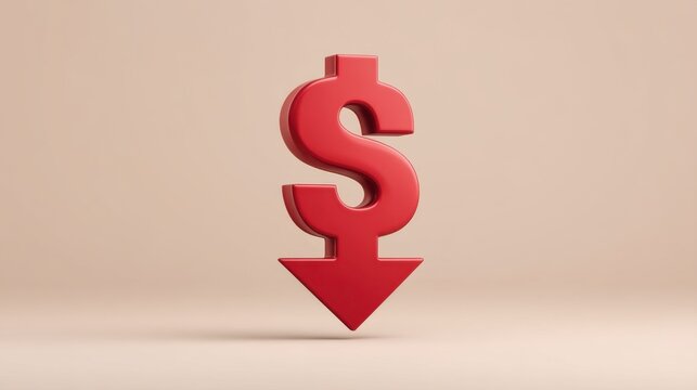 Red Dollar Symbol with Downward Arrow Representing Decrease in Value, Financial Loss, or Economic Decline on Neutral Background