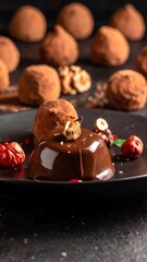 A sophisticated dessert display features dark chocolate truffles and a decadent chocolate mousse, adorned with hazelnuts and red berries.