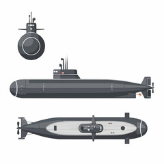 Military submarine vector illustration, underwater vessel side top front view © Nofriyan